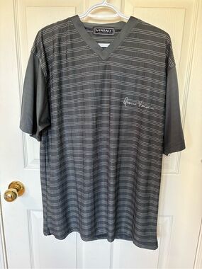 Vintage Versace Jeans Couture Striped V-Neck Shirt XXL Gray Cotton